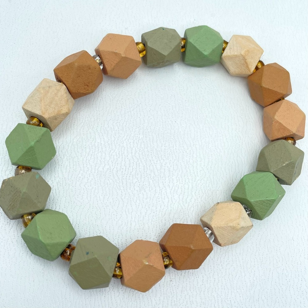 Boutique-Style Multicolor Painted Faceted Wood Seed Beaded Stretch Bracelet Boho